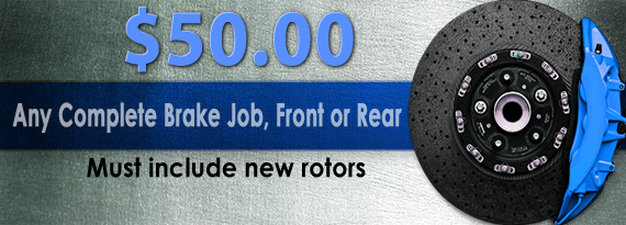 Coupon advertising a complete front or rear brake repair for $50 with the purchase of new rotors